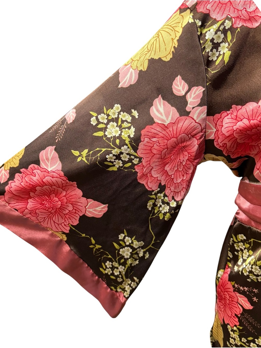 Forever 21 Brown Floral Satin Kimono V-Neck Top women’s sz Large Obi Belt - Picture 2 of 10